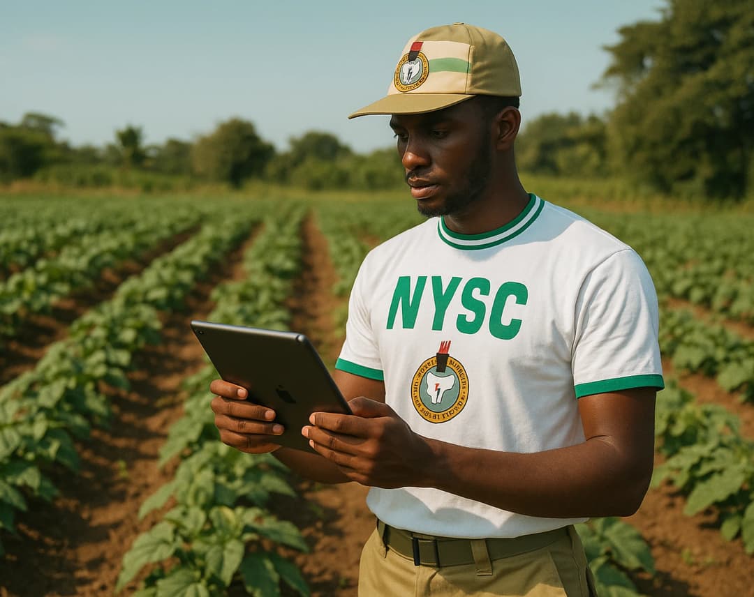 nysc member holding a tablet while on a farmland